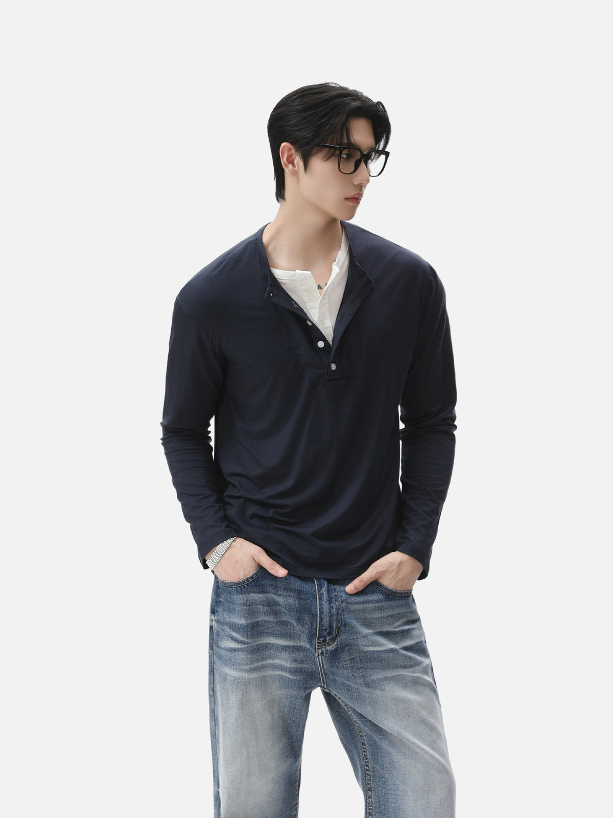 BNB Layered Henley Long Sleeve (2colors)