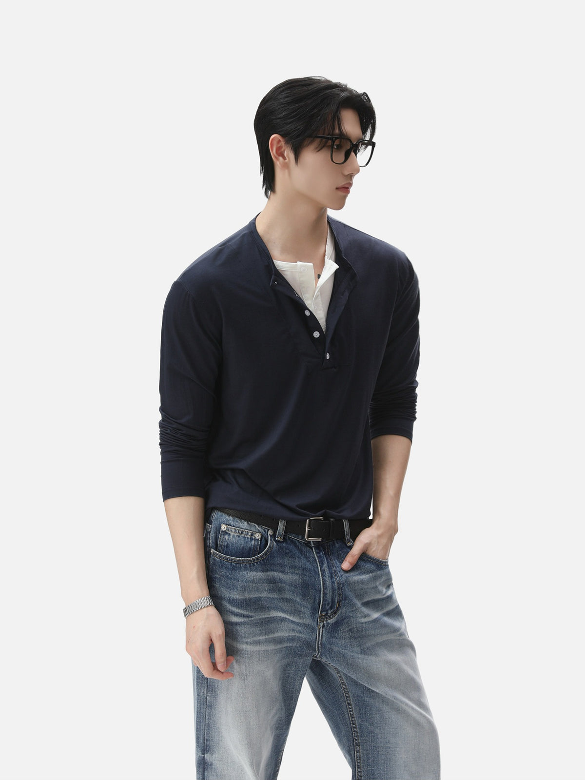 BNB Layered Henley Long Sleeve (2colors)